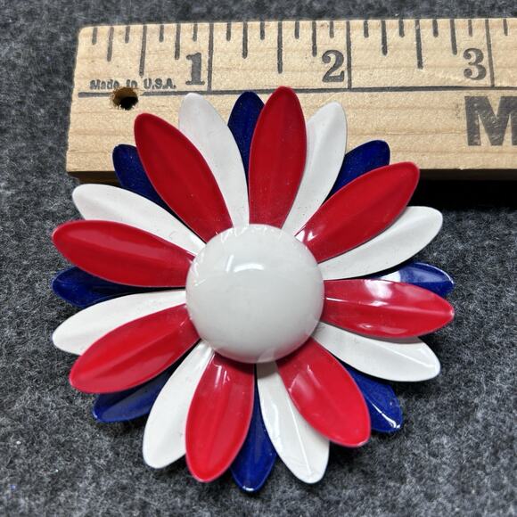 Vintage Enamel Flower Brooch USA Patriotic Red White Blue 3D Multi Layer Petals - Picture 1 of 4